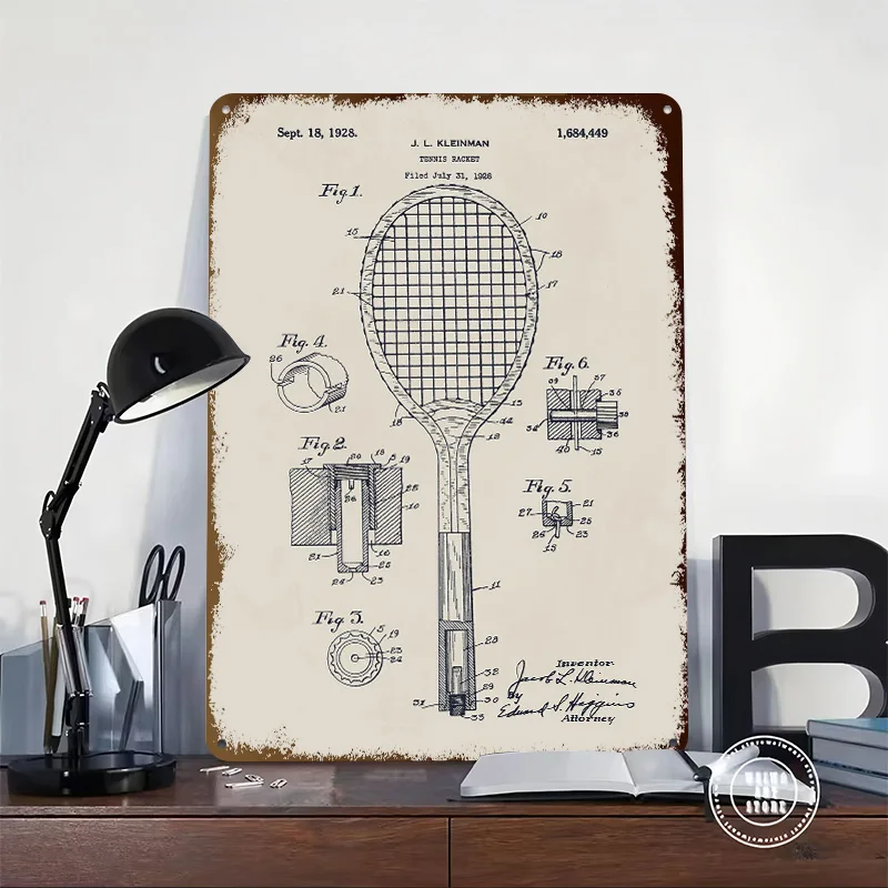 Tennis Racket Patent Poster Retro 3D Printed Metal Signs Customized Wall Hanging Gift for Room Decorations Man Coffee Bar Art