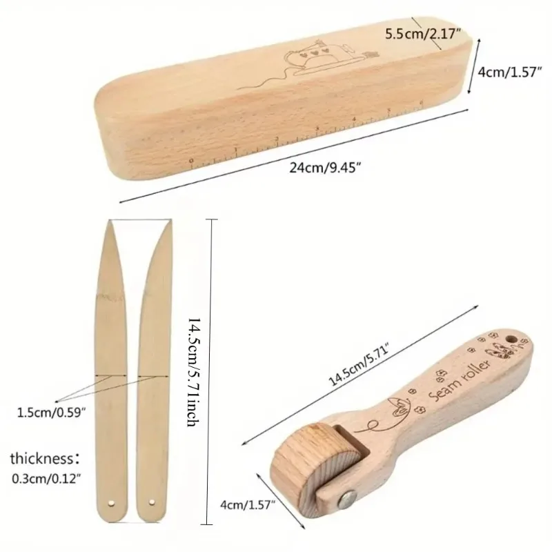 3PC Wood Sewing Seam Roller Tailor Clapper Seam Flattening Tool Accessories for Sewing Tailoring Ironing Patchwork Quilting