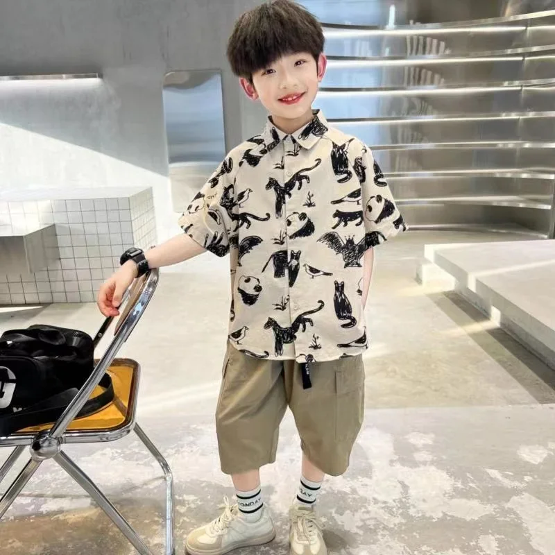 4 5 6 7 8  9 10 11 12 13 14 Year Mid Big Children Summer Animal T-shirt +Short Pant 2Pcs/Set Casual Sport Kids Boys Clothes Suit