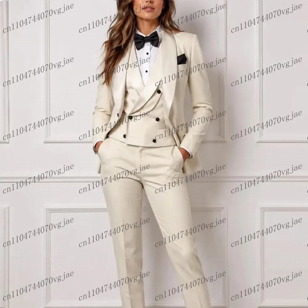 Traje Formal de Negocios Color Marfil para Mujer, Traje de Fiesta de Boda, Traje de Madrina, Traje de Niña, Tuxedo de 3 Piezas, Blazer, Chaleco y Pantalones