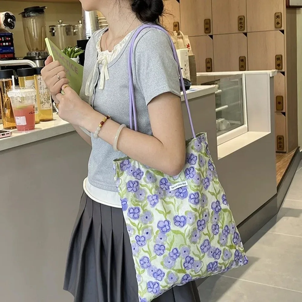 

Легкая двусторонняя большая сумка, зеленая сумка на плечо в корейском стиле с фиолетовым цветком, сумки для покупок большой вместимости