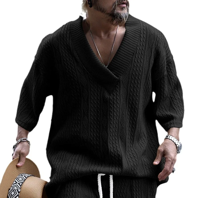 قمصان محبوكة مضلعة للرجال برقبة على شكل V نصف كم بلون سادة