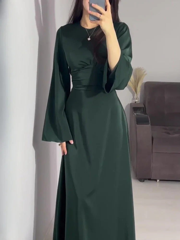 

Elegant Women's Dress Satin Mercerized Solid Strap Horn Sleeve O-Neck Simple Slim Lace-up Comfortable Female Party Long Dresses