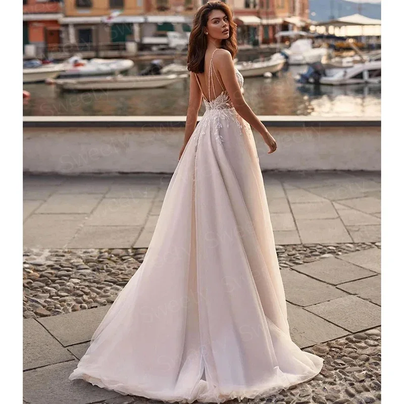 Sexy Wedding Dress Slit A Line Organza With Embroidery Ball Gown V-Neck Backless Sleeveless Bridal Vestido De Novia Customized