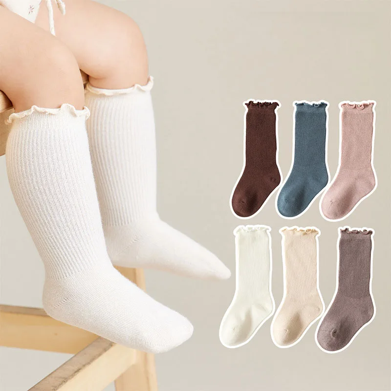 6Pairs Newborn Baby Socks Toddler Girls Ruffle Knee High Socks 0-5Y Kids Solid Color Casual Cotton Socks