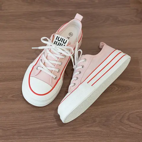 Women's Canvas Sneakers Thick Bottom Casual Sports Shoes round Toe Lace-Up White Shoes Good Matching Platform Shoes