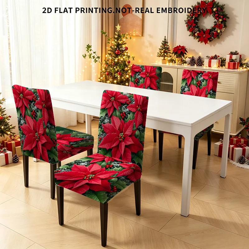 2/4/6 PCS Red Berry Christmas Poinsettia Elastic Dining Chair Cover, 2D Flat Pattern Christmas Home Holiday Decoration