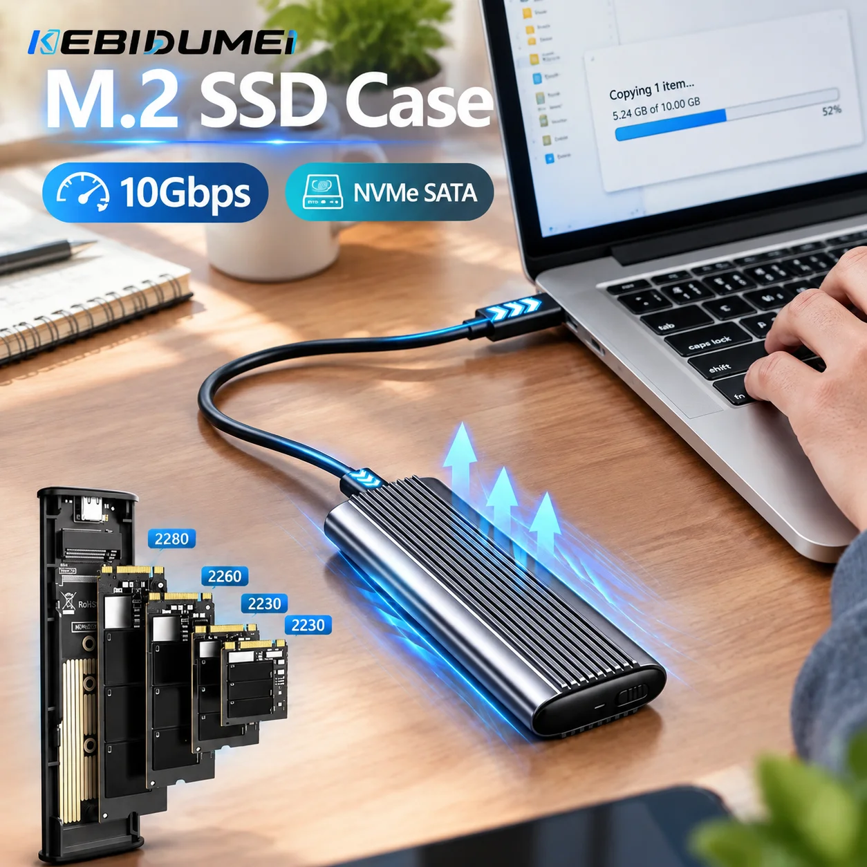 KEBIDUMEI 10Gbps M.2 SSD Enclosure Aluminium Alloy External M.2 NVMe SATA SSD Case Type C to USB3.0 SSD Adapter Tool Free