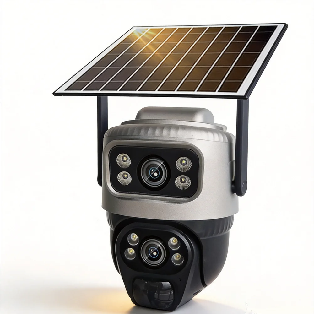 V380 Solar-Sicherheitskamera 4G & WLAN, 2-Linsen-2-Bildschirm-Außenüberwachungskamera, PIR-Menschenerkennung, 10-facher Digitalzoom, IP66 wasserdicht, Vollfarb-Nachtsicht, drahtlose CCTV-Kamera