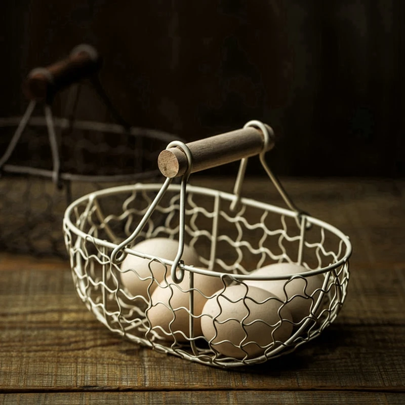 Fruit Basket Iron Snack Bread Vegetable Storage Basket with Wooden Handle Bread Storage for Bathroom Picnic Restaurant