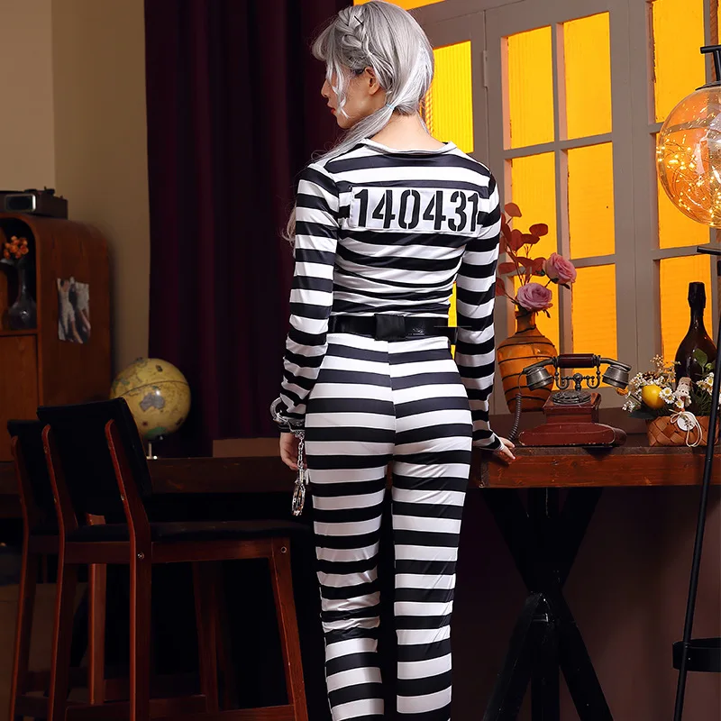 ชุดคอสเพลย์นักโทษหญิงสุดเซ็กซี่ ชุดเกม ชุดวันฮาโลวีน ลายทางขาวดำ ชุดวันพีซ ชุดประจำชาติสำหรับผู้หญิง