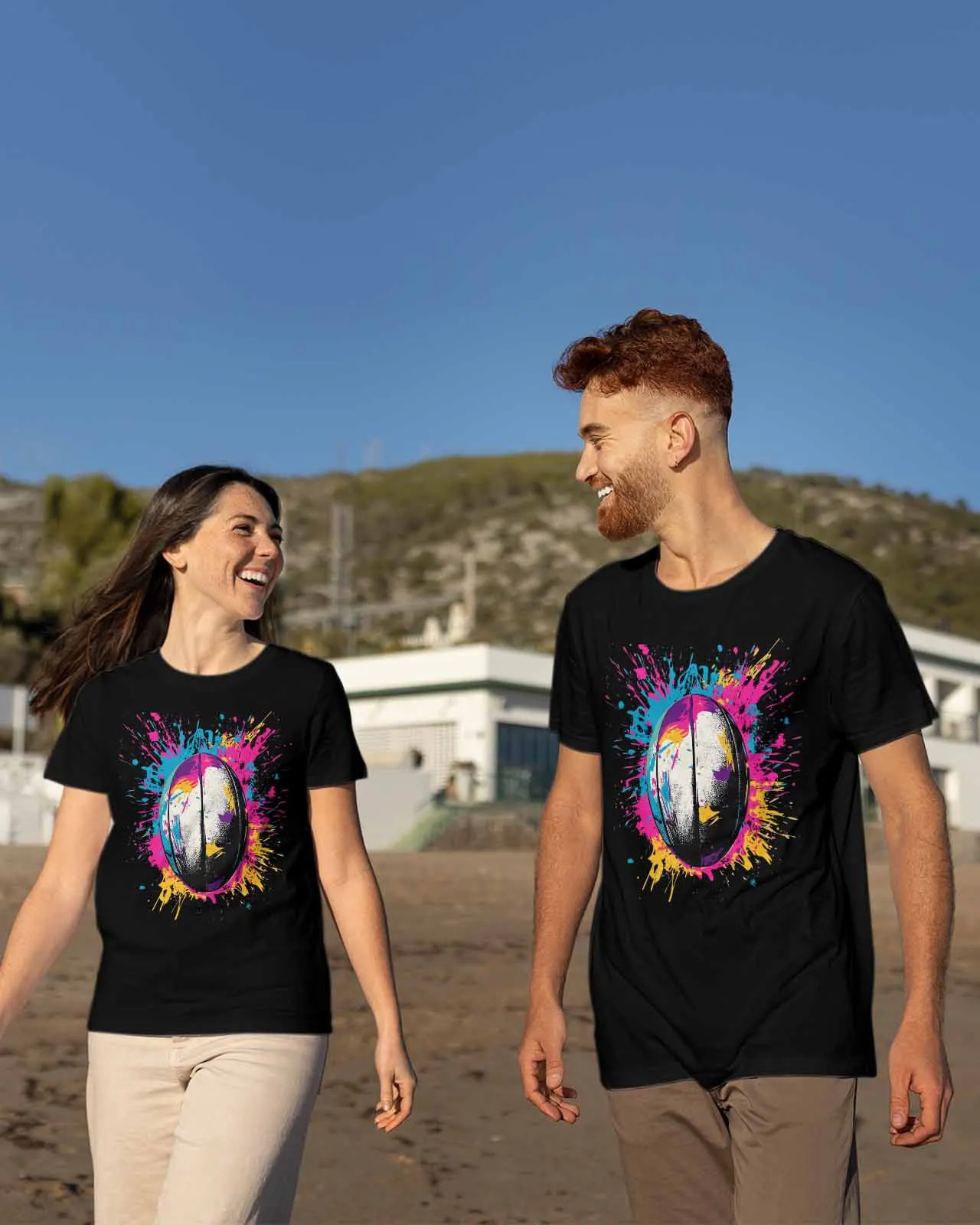 Camiseta deportiva abstracta contra salpicaduras de Rugby para parejas, camiseta holgada de manga corta con cuello redondo para amantes, camiseta a la moda para mujer y hombre