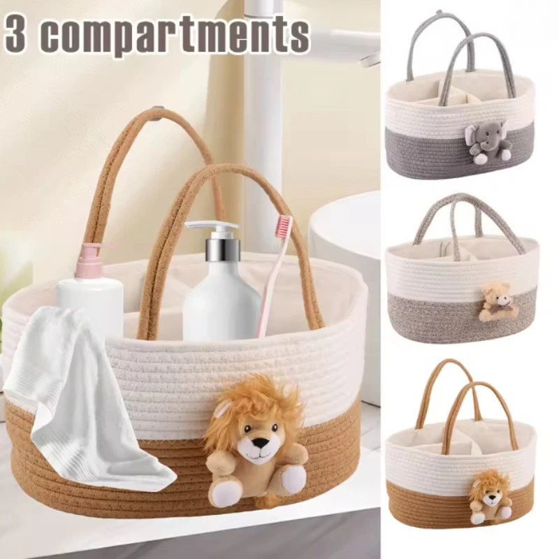 Portable Diaper Bags Caddy Organizer  Large Capacity Cotton Rope Storage Basket with Handle for Travel Baby Changing Station Bag