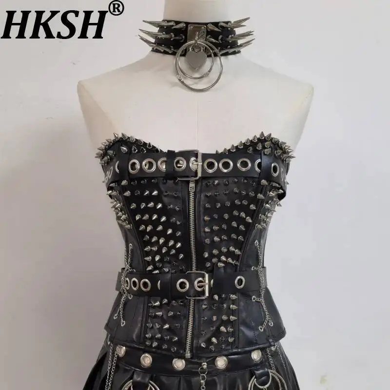 

HKSH Women Strapless Vest Y2K Sexy Punk Gothic Style PU Leather Rivet Chain Patchwork Slim Top Ins Mini Skirt Streetwear HK23973