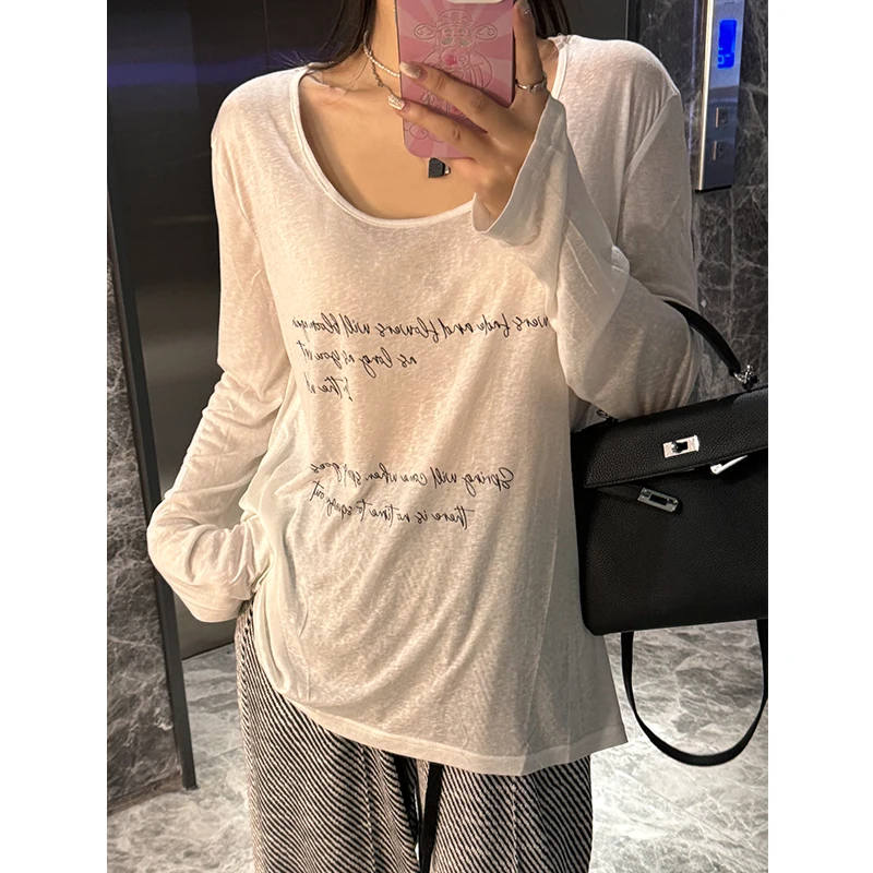 

Loose Women's Long Sleeve T-Shirt Korean Style Retro Streetwear Lazy Printed UV Protection Top Summer round Neck Casual Tee