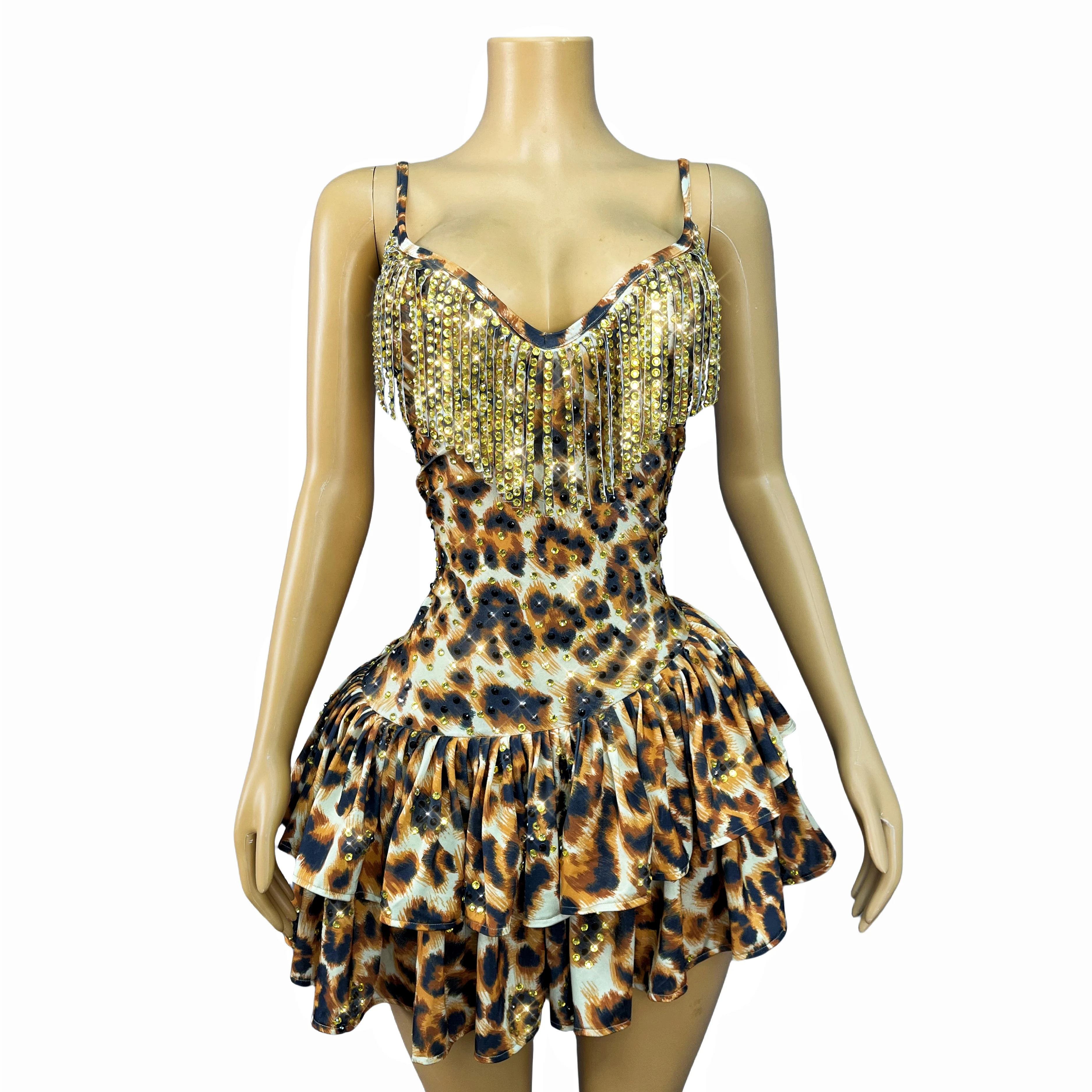 Pittig meisje Luipaardprint Glanzende Steentjes Mode Bretels Gelaagde Jurk Dagelijks Feestshow Stage Performance OutfitQiancenbao