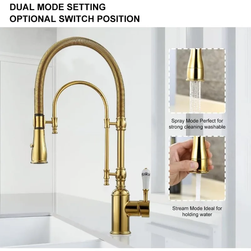 Kitchen Faucet with Pull Down Sprayer Gold Kitchen Sink Faucet Commercial High Arc Dual-Mode Kitchen Faucets