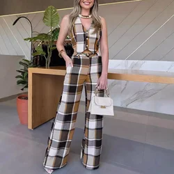 Khaki Plaid Sleeveless Straight Leg Pants Jumpsuit High Waist Fashion Casual Women Summer Playsuits Pants Hollow Out