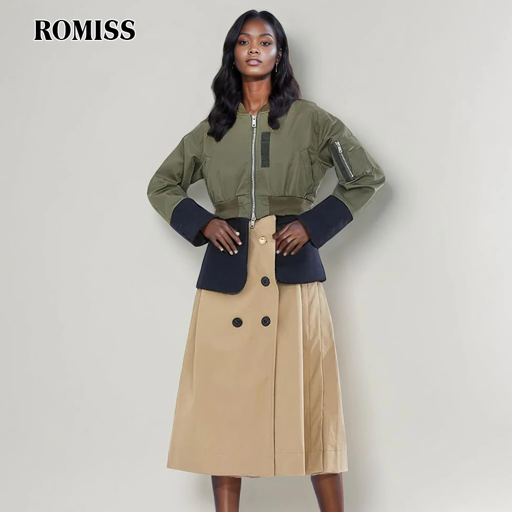 

ROMISS Hit Color Spliced Buttons Windbreakers For Women High Waist Long Sleeve Patchwork Zipper Chic Trench Female Fashion