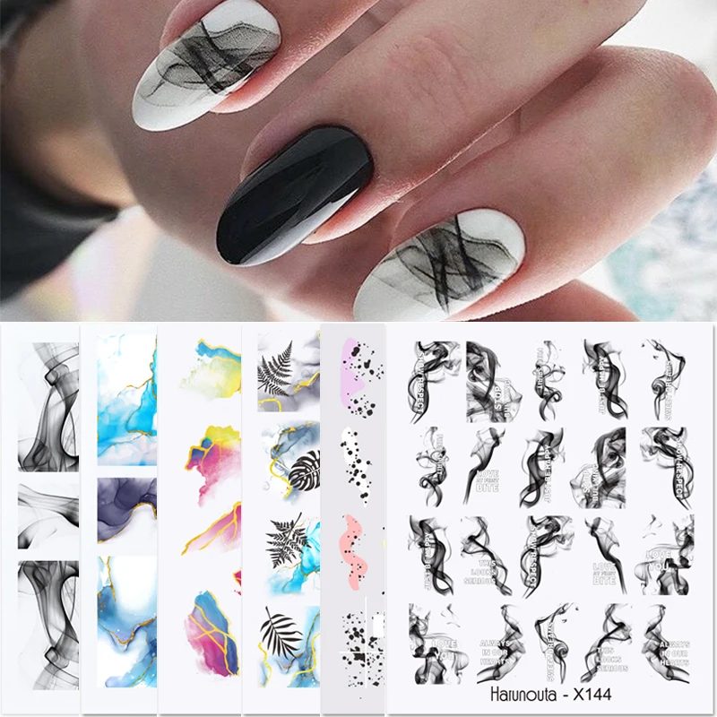 1Set Abstract face Decal Black Ink Blooming Letter Water Nail Stickers Flowers Leaf Watercolor Butterfly Nail Art Decals Sliders