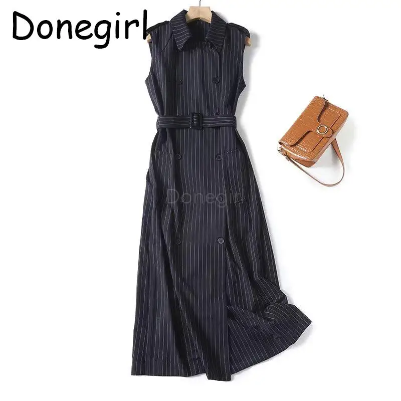 Donegirl Fashion Women 2023 Autumn New Sleeveless Double Breasted Striped Lapel Blazer Dress Belt Slim Commute Dress Female Chic