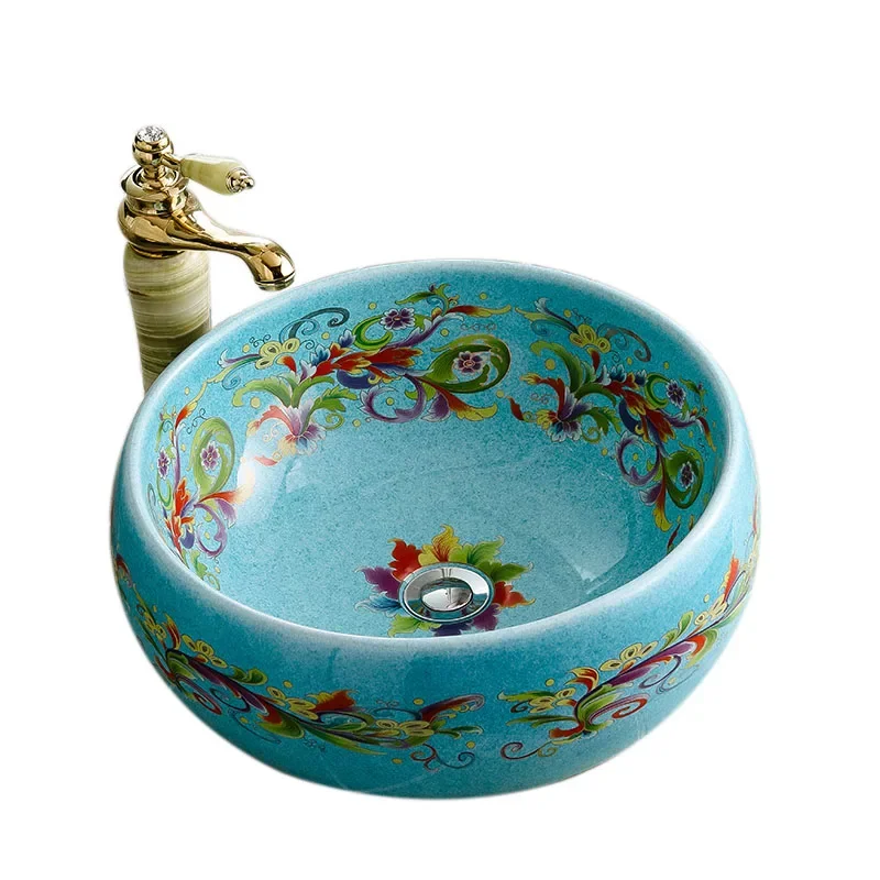 

Green patterned porcelain bathroom vanity, bathroom sink, bowl countertop, circular bathroom sink