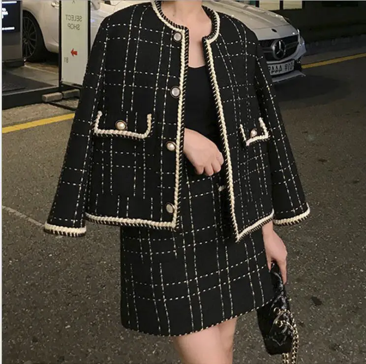 

Skirt Suit Spring And Autumn 2 Piece Set Women Short Woolen Tweed Coat+Mini Skirt Set Large Size Xiaoxiangfeng Style Women 2024