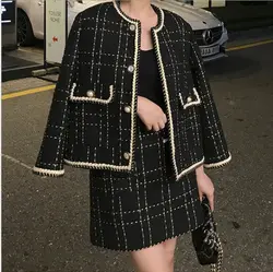 Abito gonna Primavera e autunno Set da 2 pezzi Cappotto corto in tweed di lana da donna + Minigonna Set di grandi dimensioni Stile Xiaoxiangfeng da donna 2024