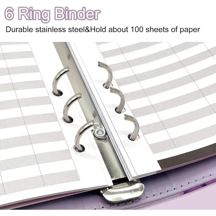 A5 Refillable 6 Ring Faux Leather Budget BinderMini Notebook Binder Cover for A5 Filler Paper Loose Leaf Peol Planner Cover wit