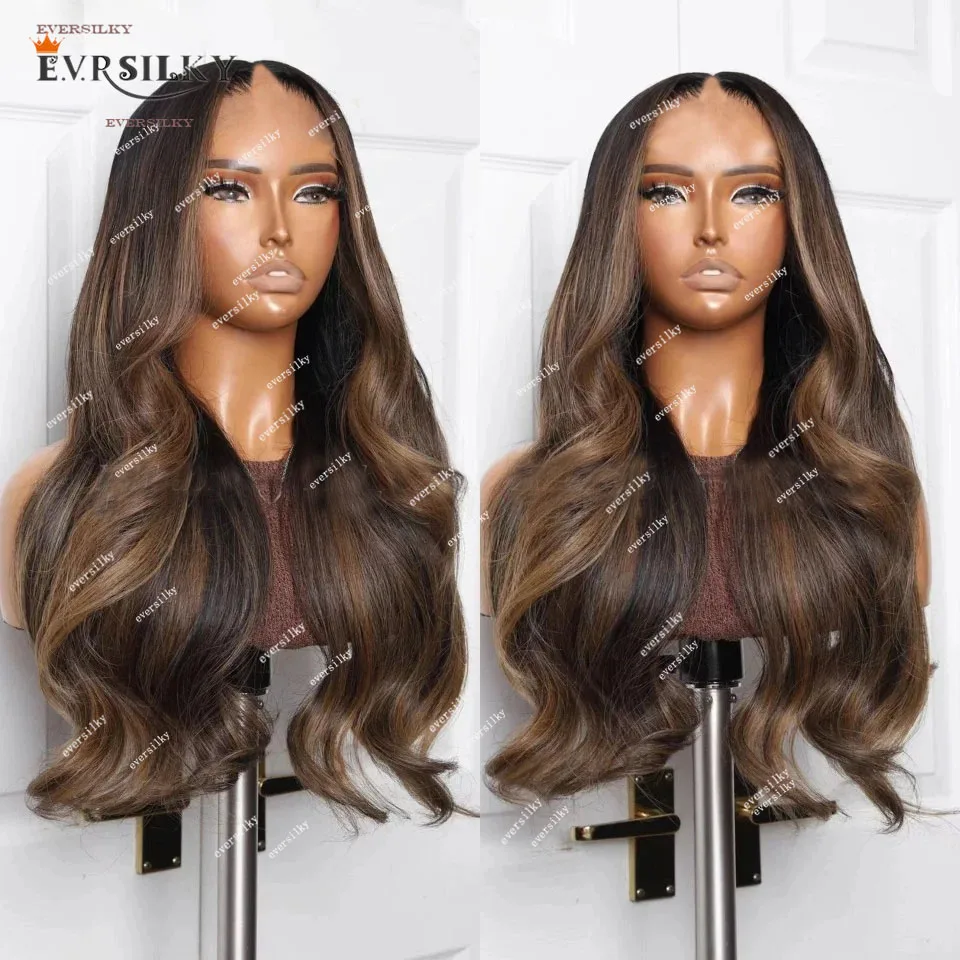 Highlights Light Brown Chocolate Body Wave V Part Wig 100% Human Hair  Loose Wavy Middle/Side Blonde U Shape Full End 250Density