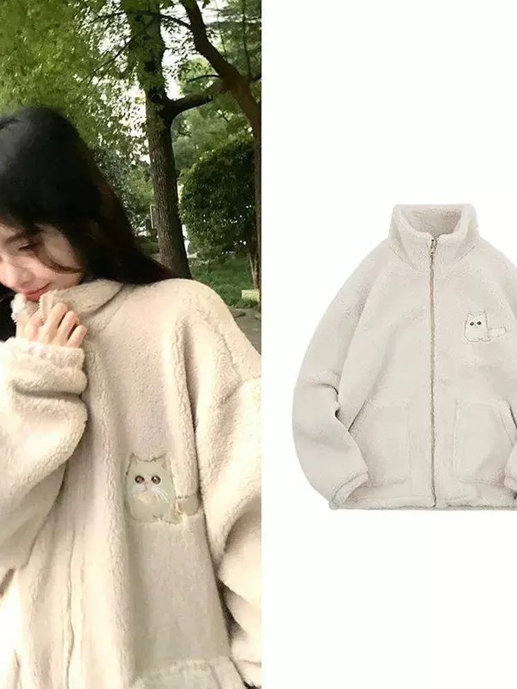 

Ji Jingyi White Scratch Embroidery Faux Sheepskin Cotton Jacket Women's Autumn Winter Thickened Small Fragrance Style Coat