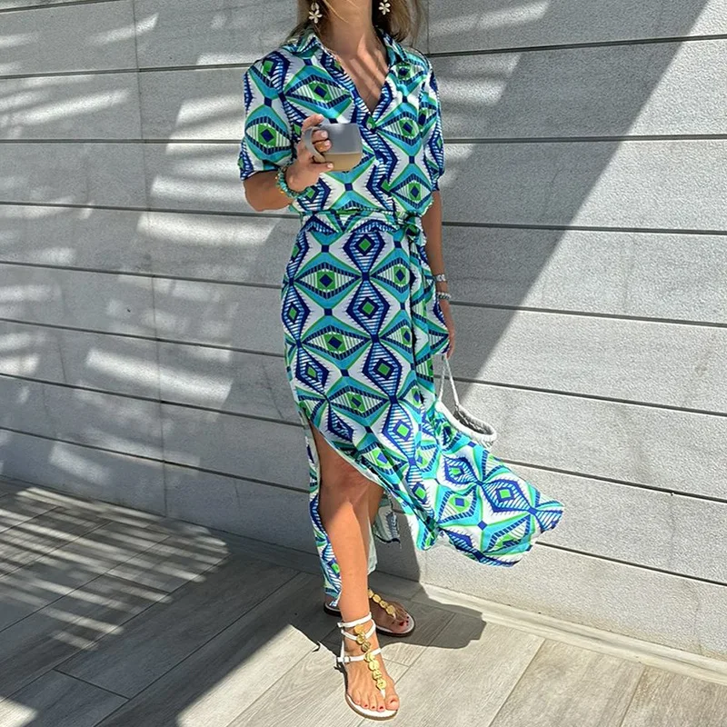 Autumn Fashion Printed Shirt Collar Bohemian Mid Length Dress Elegant Women's Summer Geometric Print Sexy Slit Casual Dresses