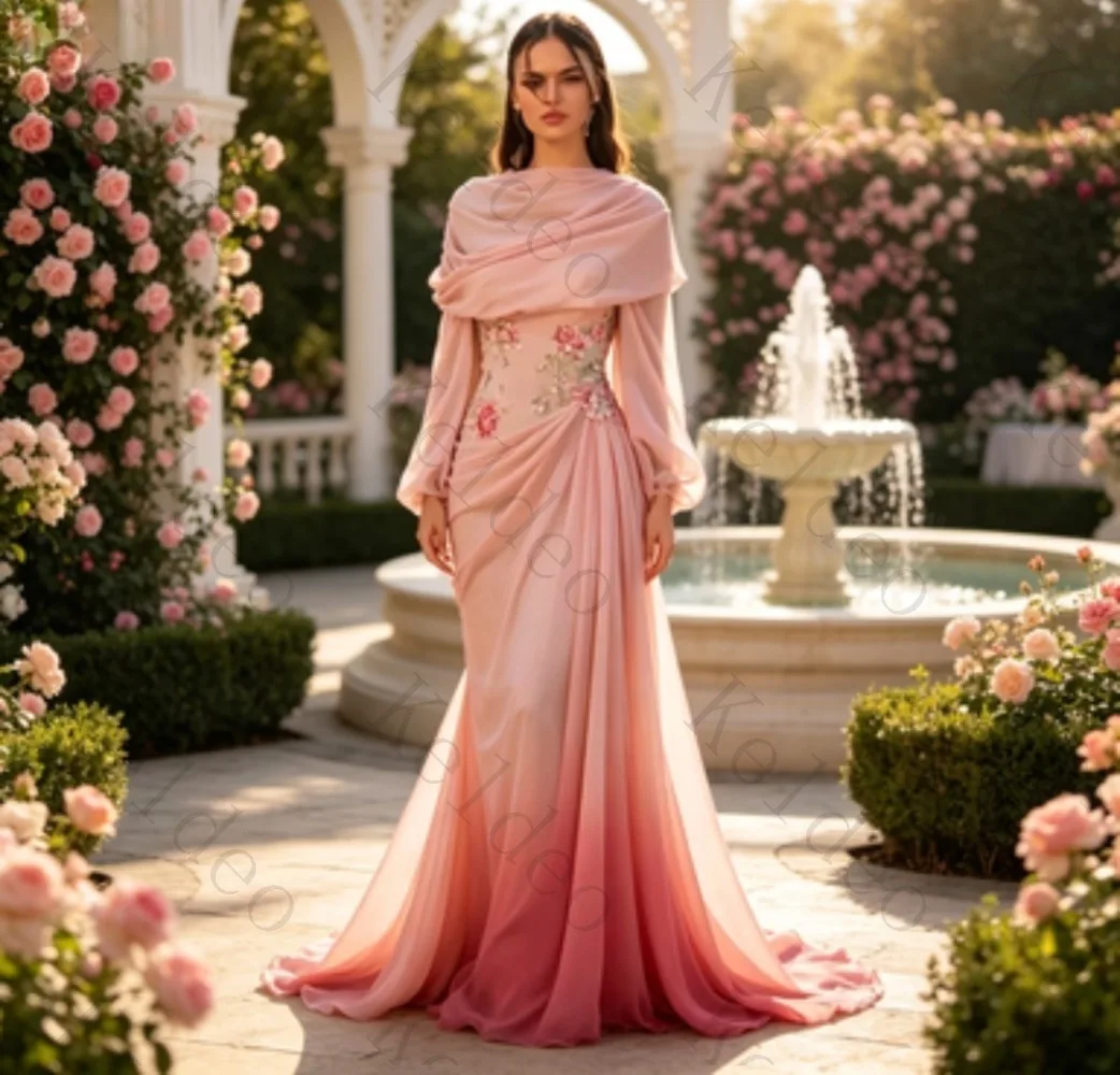 Customized Long Sleeve Mermaid Evening Dresses Draped Shawl Collar Floral Embroidery Bodice Gradient Chiffon Sweep Formal Prom