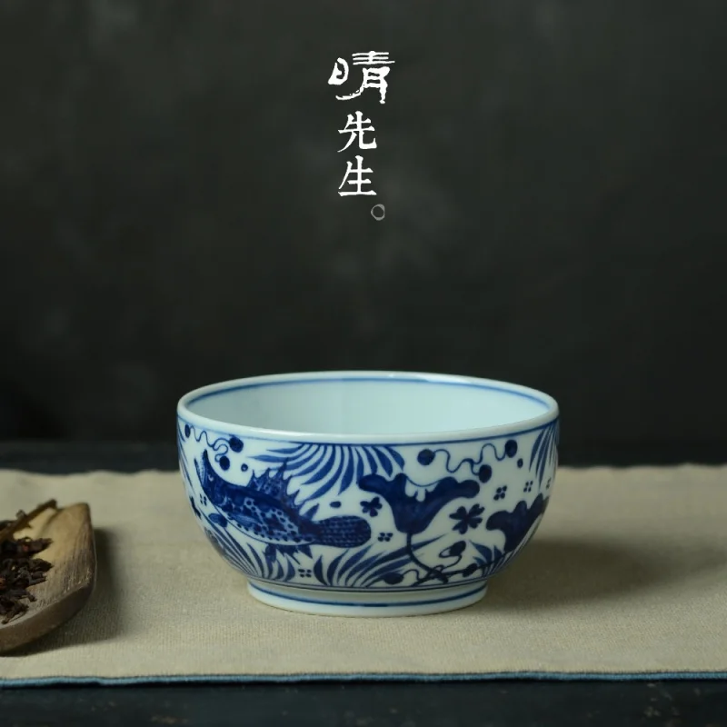 Handmade Ceramic Kung Fu Tea Cup Tea Cup Antique Hand Painted Blue and White Fish and Algae Grain Zen Cup Jingdezhen Tea Set Sin