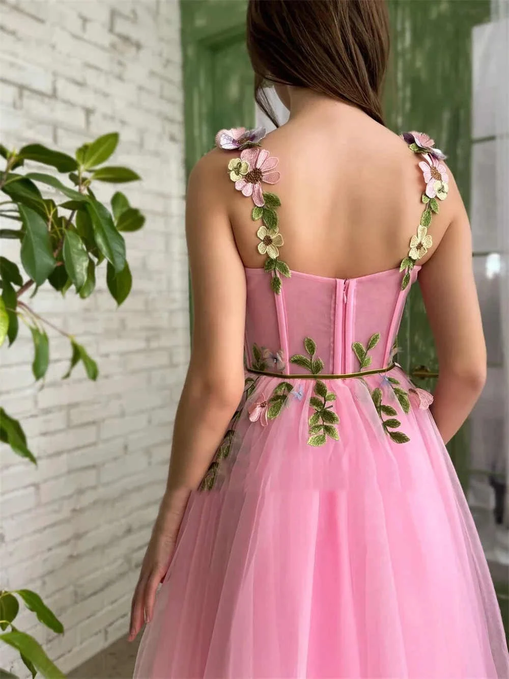 Pink Wedding Dress  Spaghetti Strap Backless Bridal Mid-Calf Dress  For Bridal Party Holiday Ball Cocktail Party