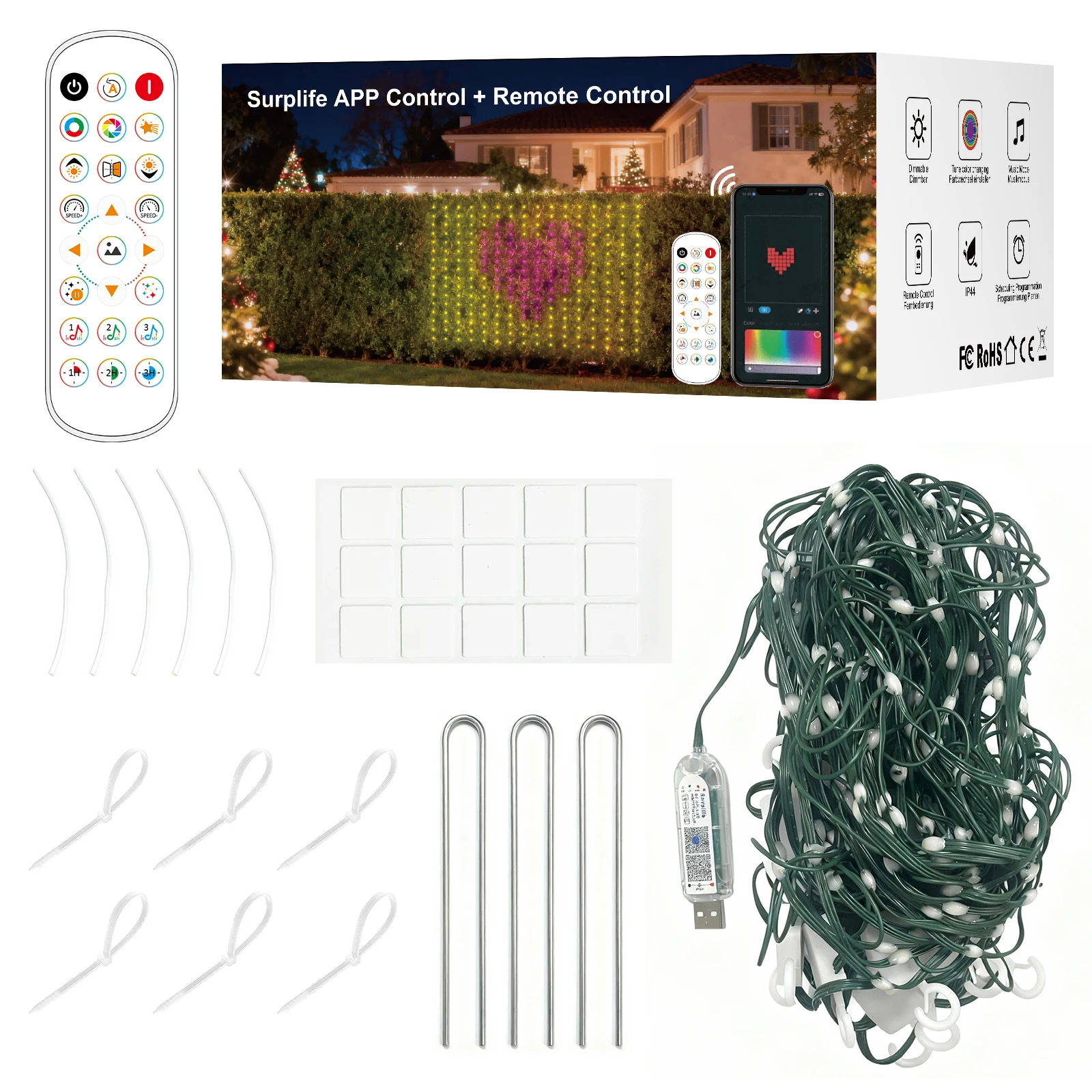 ไฟตกแต่งสวนกลางแจ้ง 600LEDs ไฟตาข่ายอัจฉริยะบลูทูธ พร้อมหม้อแปลง 5V ขนาด 3x1.2 เมตร สำหรับงานแต่งงาน คริสต์มาส ตกแต่งสวน 64 โหมด