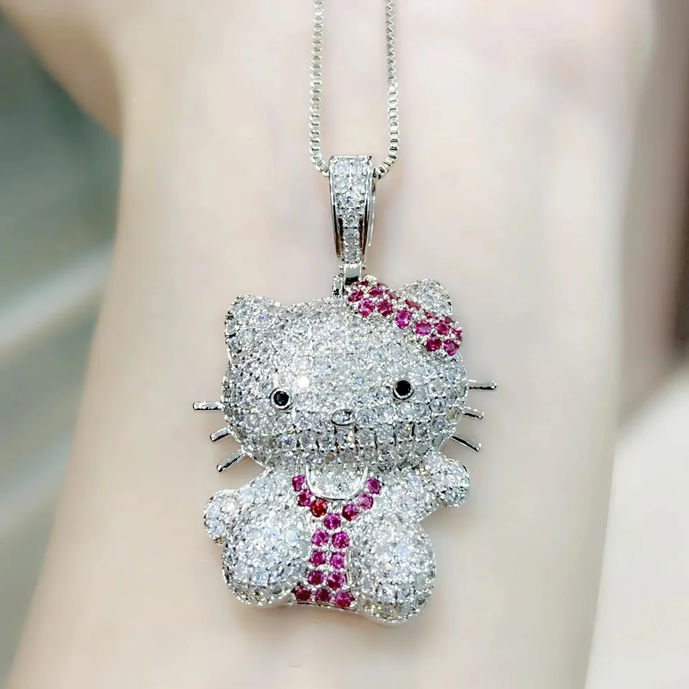 Cute Hello Kitty Diamond Necklace Anime  Adjustable Ring Fashion Accessories Holiday Gift for Girls