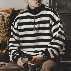 Japanese Heavy Vintage Sweater Men's Ins Trendy Loose Stripe Lapel Knitted Tops Classic Black White Half-Zip Stand Collar Jumper