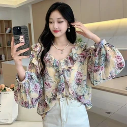 2024 New Spring Autumn Women V-Neck Pleated Long Sleeve Loose Blouse High Quality Sweet Ruffles Chiffon Floral Shirt