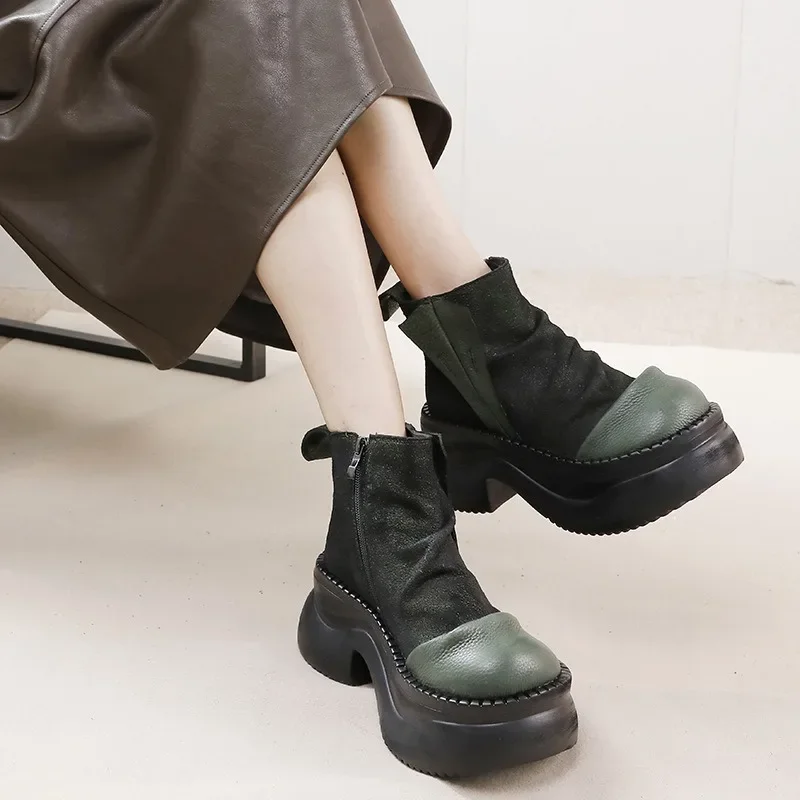 Birkuir Original Mixed Colors Thick Heel Ankle Boots For Women Genuine Leather Zip Luxury Flat Platform Short Boots Size 41