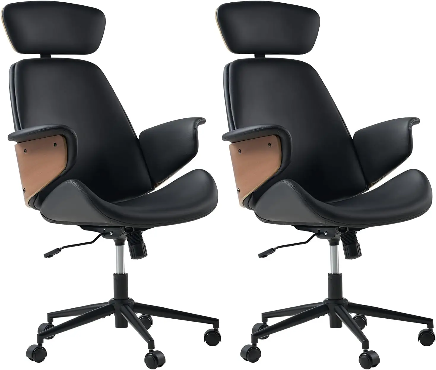 Bentwood Home Office Desk Chair Set Of 2, Curved Armrests, Leather Upholstery Swivel Chair With Wheels, Ergonomic Computer Desk