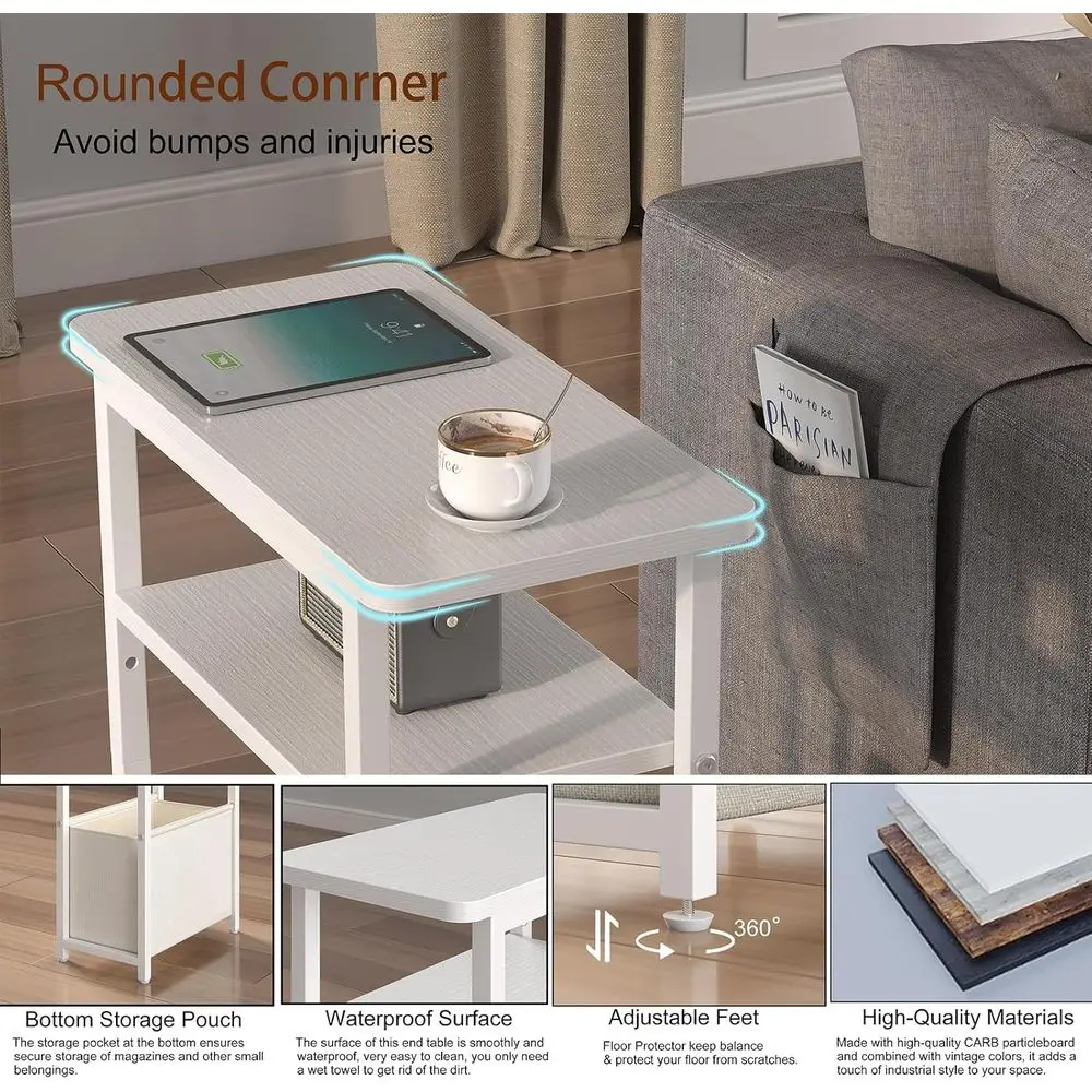 زوج من طاولات جانبية رفيعة مع سلال قماشية، أرفف مدمجة من طبقتين، طاولات ليلية بيضاء لغرفة المعيشة والمكتب