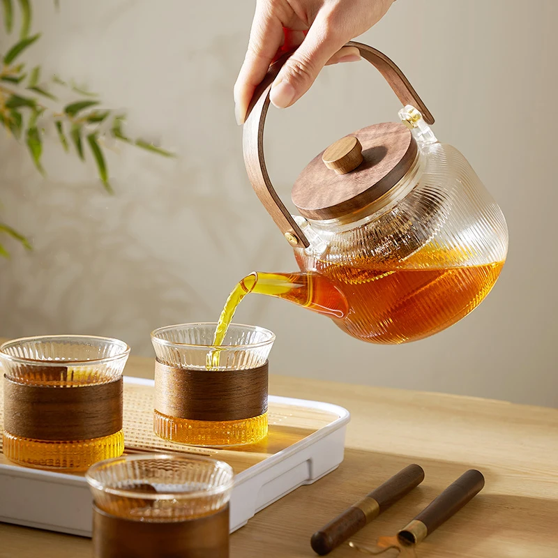 Glass Tea Pot With Wooden Handle And Wooden Cover Stainless Steel Filter Steaming Of Tea Set Transparent Glass Teapot