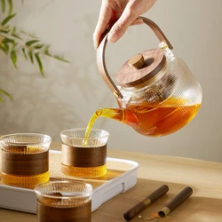 GIANXI Wooden Handle Teapot Wooden Lid Glass Teapot Chinese Kung Fu Tea Set Steam Teapot Transparent Flower Tea Cup Tray Tea Set