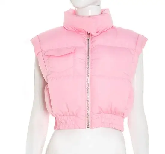 

2025 Women's Autumn and Winter Stand Up Collar Solid Color Sleeveless Short Zipper Waist Cinching Warm Pocket Cotton Jacket