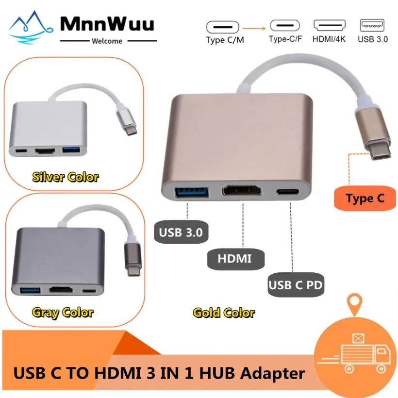 

USB-C To HDMI-Compatible 3 in 1 HUB Adapter Converter for Samsung Huawei iPad Mac NS Usb 3.1 Type C To HDMI 4K Adapter Cable