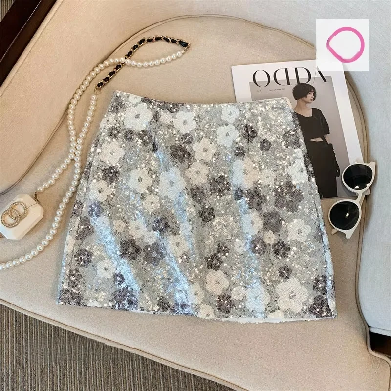 French heavy industry silver sequined flower skirt female fashion Western-style high-end waist slim summer temperament skirt.