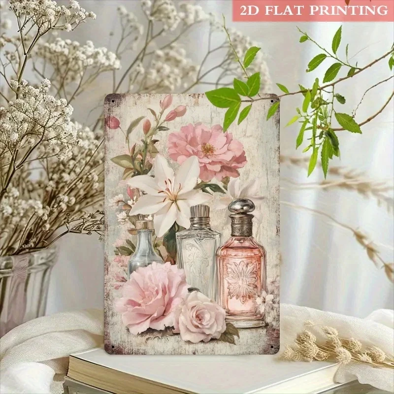 Vintage Perfume Bottle Rose Metal Sign Iron-Made 8x12inch Vintage Wall Decoration Sign Tin Plate Bathroom Bedroom Living Room