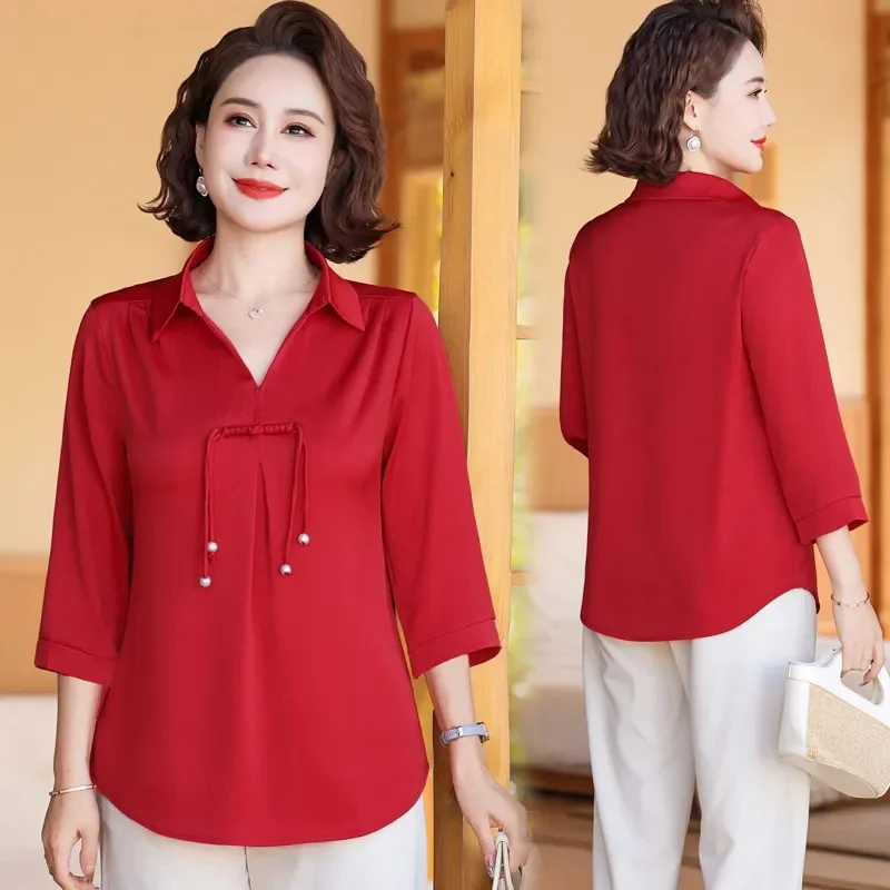2025 Femme Large Size 5XL Blaus Summer Middle Aged Mother Solid Color T-shirt Korean Women Seven Points Sleeve Loose Shirt Coat