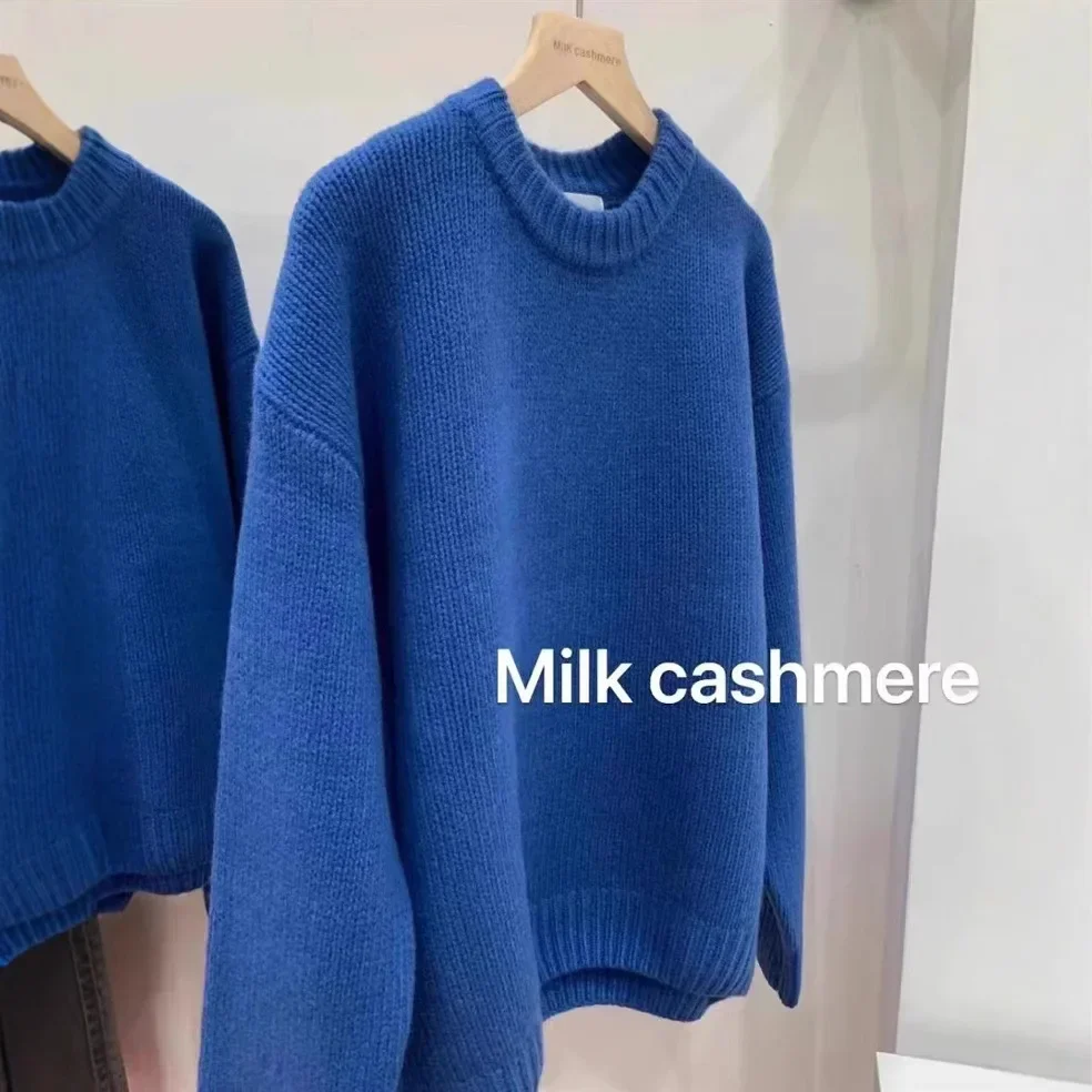 

Thickened Pure Wool Knitted Base Shirt Women's Round Neck Lazy Sweater Autumn Winter Loose Fit Cashmere Top Full Sleeve